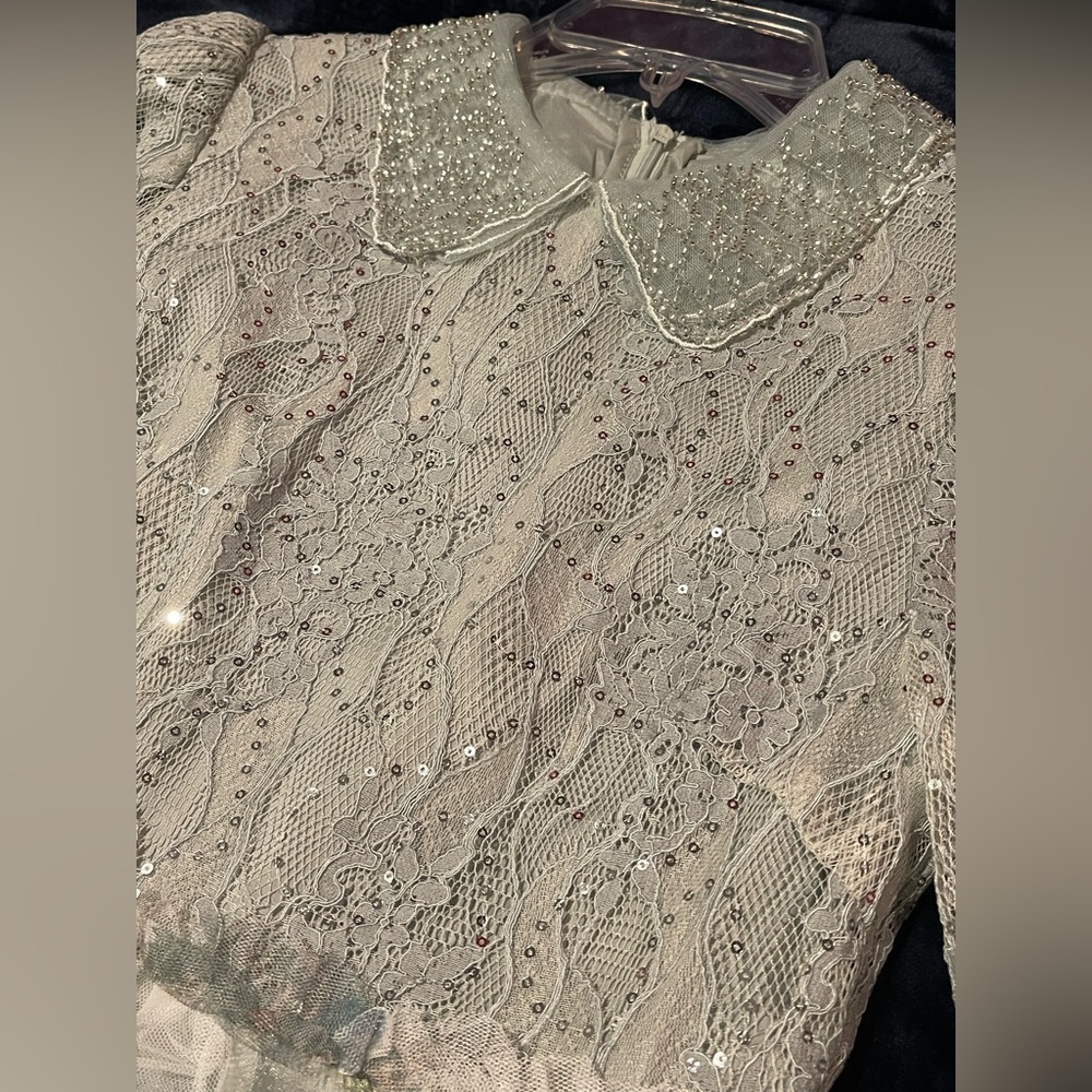 Elegant Girl’s Sugar Pageant Sage, Blue, Gold Beaded Lace Dress 12-14 - Picture 7 of 16